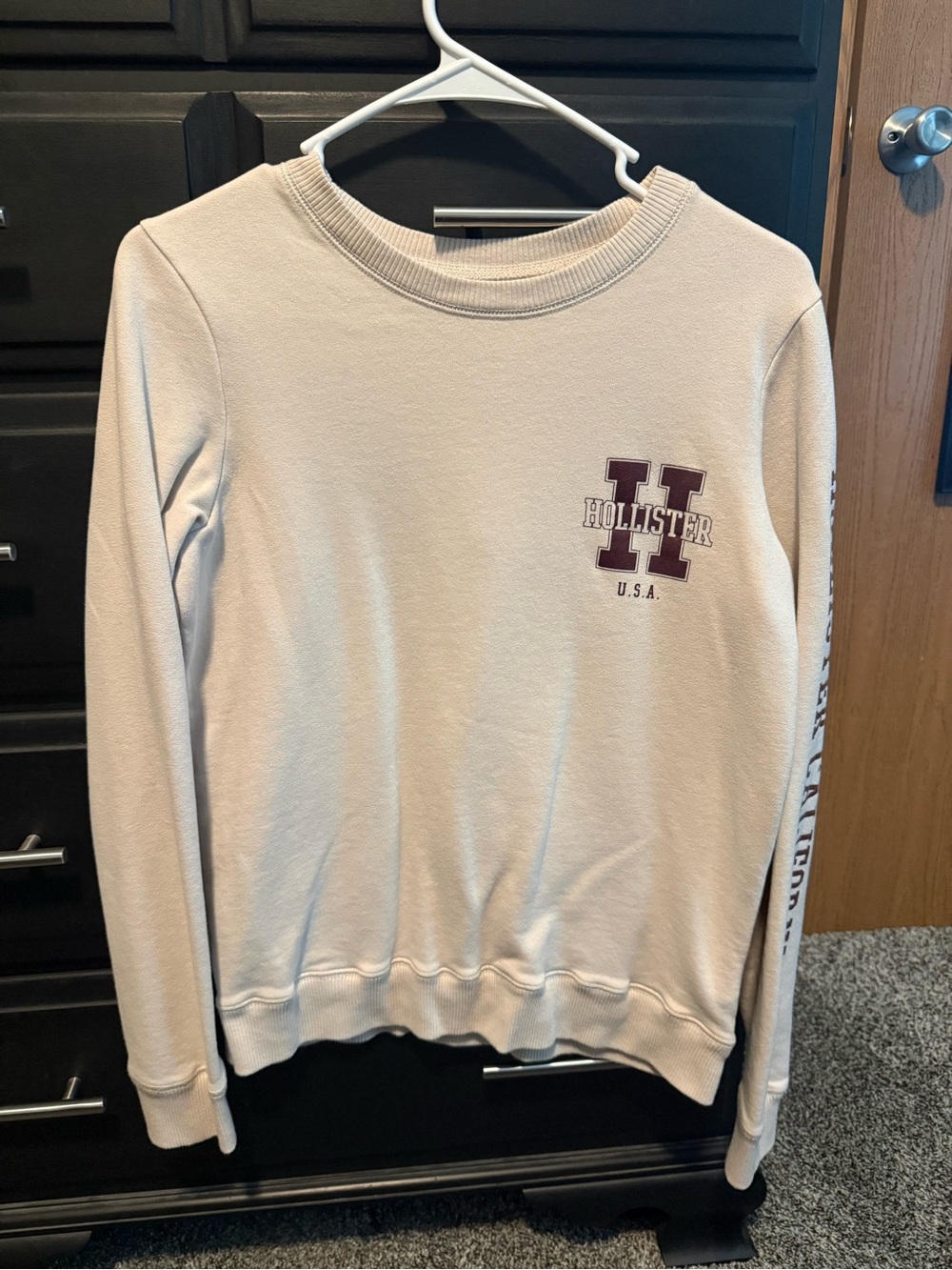 Hollister Cream Crewneck with Maroon/Brown Logo